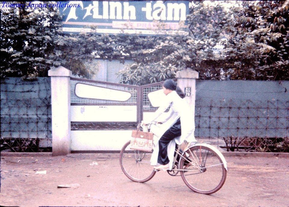 an old asian woman riding a bike past a gate