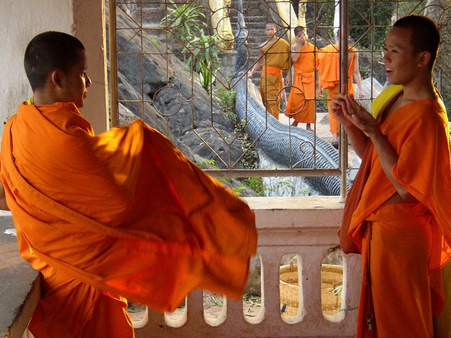 a group of monks looking out a window