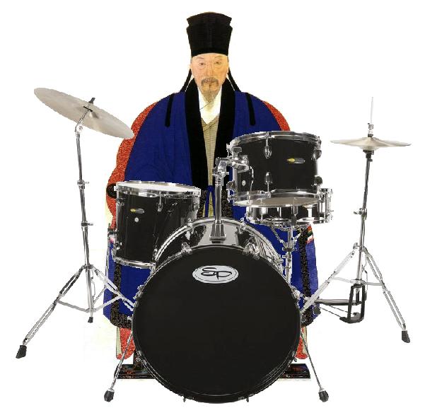 a man playing drums and posing with a drummer