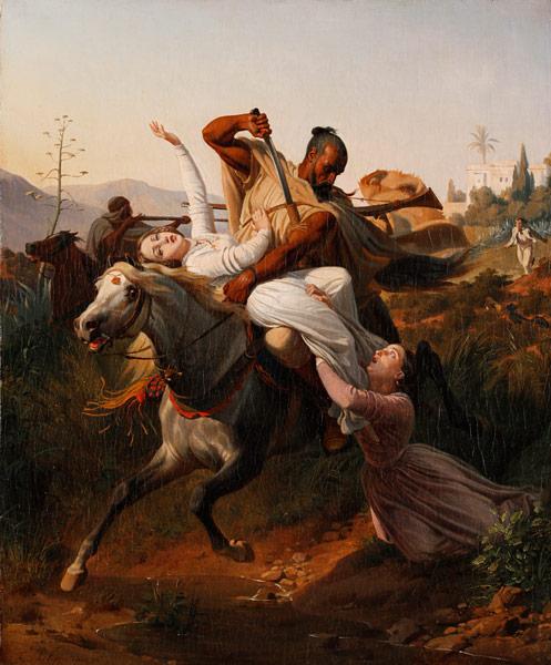 a painting of an old painting of a man on a horse with a woman in a field and other people nearby