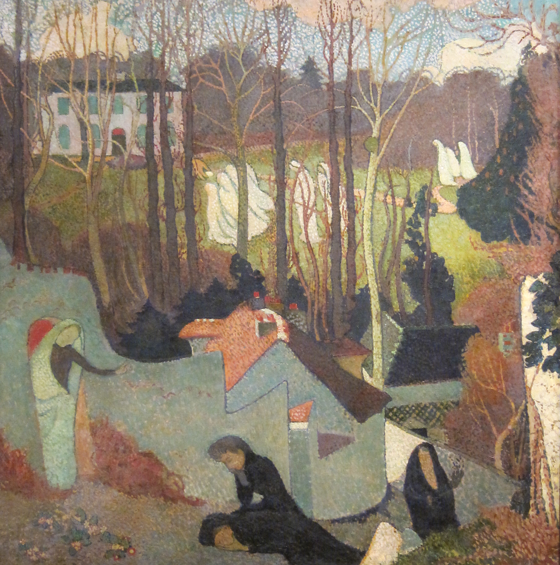 an oil painting of people sitting in a park
