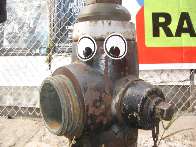 a close up of a fire hydrant with eyes