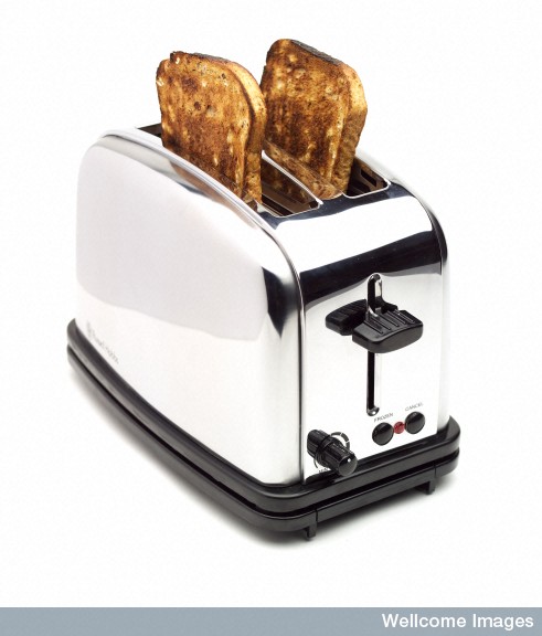 the toaster has two slices of toast on it
