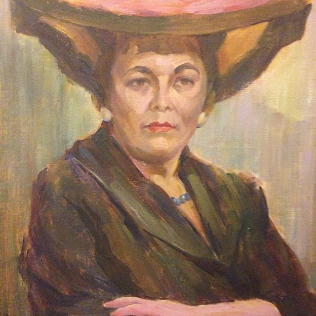 an old painting of a woman wearing a pink hat