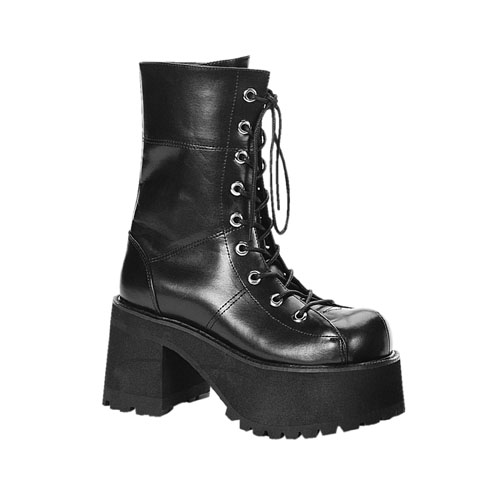 a black platformed boots with laces and a platform on the bottom