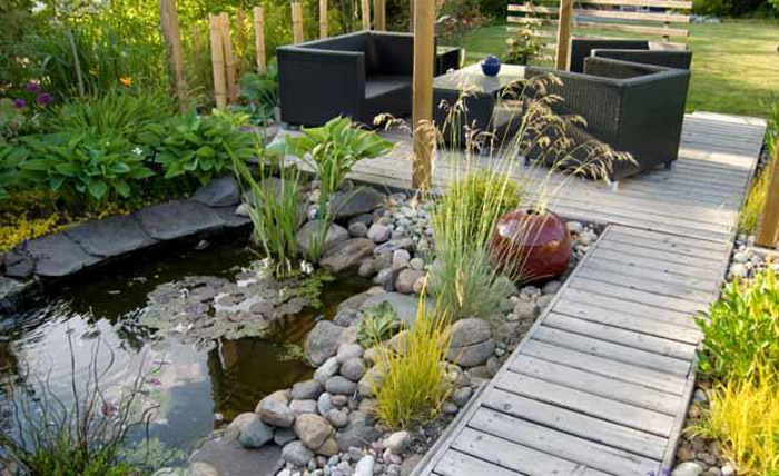 a wooden dock leading into a small water garden
