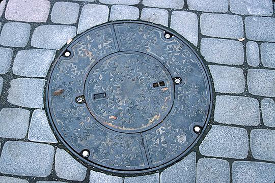 a black manhole cover sitting on top of brick streets