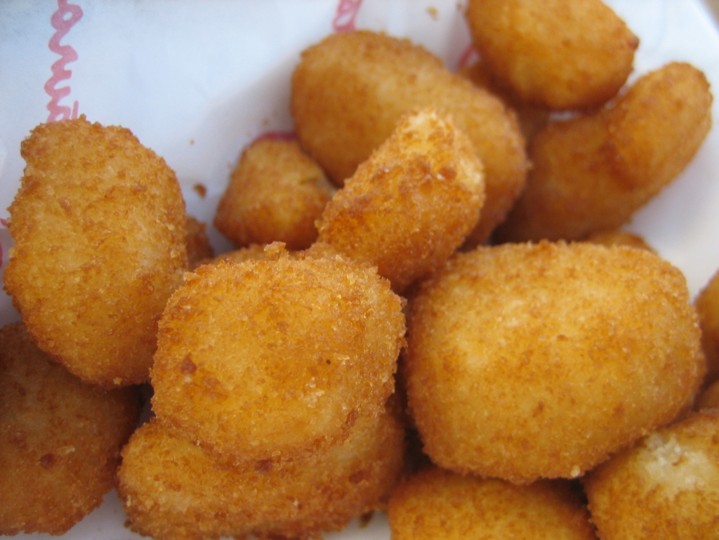 a white plate holding fried food sitting on a table