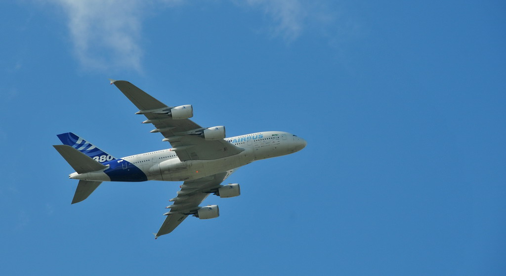 a white and blue jetliner in a clear sky