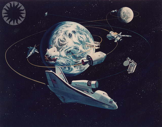illustration of a space station with satellites around the earth
