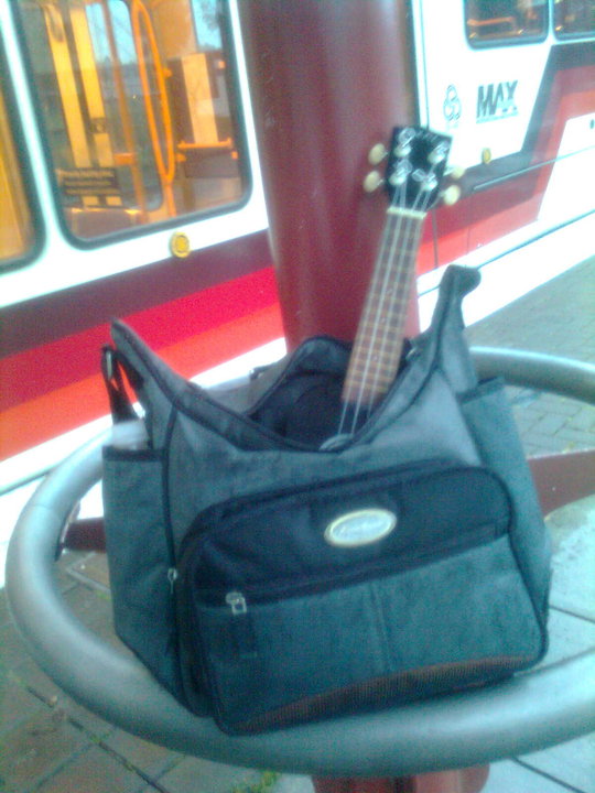 a ukulele sitting on top of a blue bag next to a train