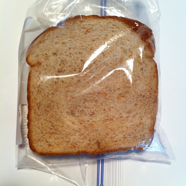 a piece of toast in a clear plastic bag