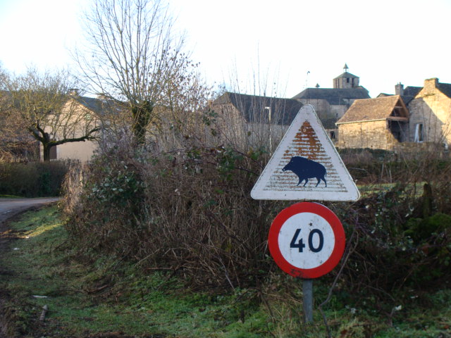 the street sign has a cow and a triangular shaped design on it