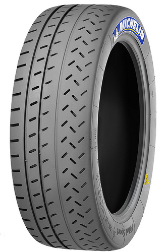 the michel tire is grey and has blue rim