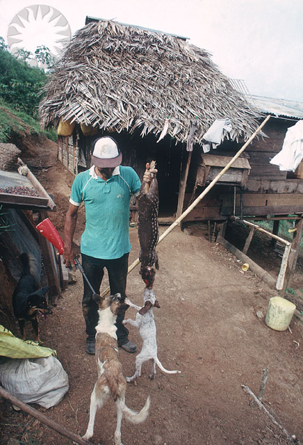 a man holding two dogs outside his hut