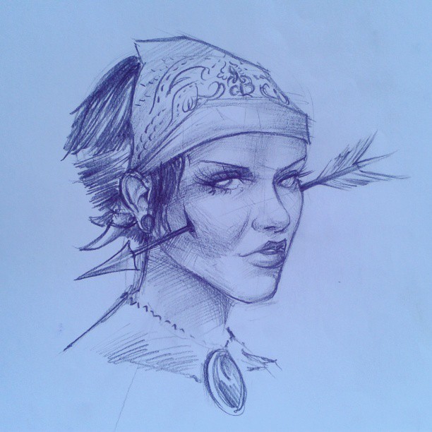 an artistic drawing of a woman in feathers and a cap