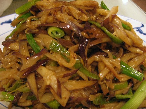 a white plate filled with stir fry and green onions