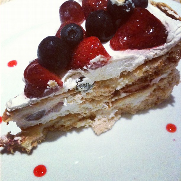 a slice of cake with fruit on it
