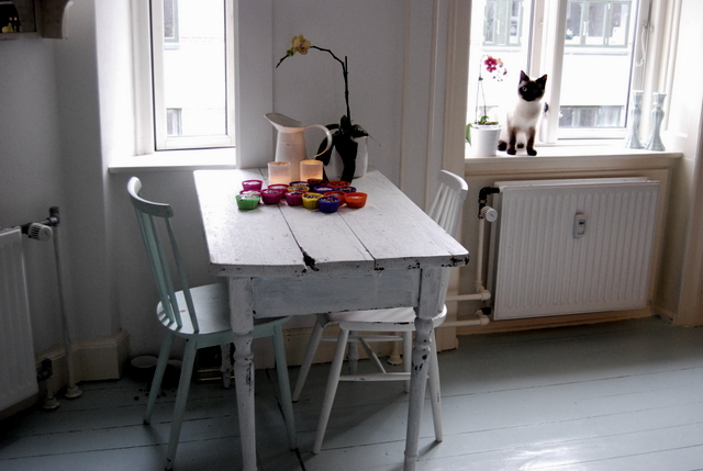 the white table has been placed beside two cats