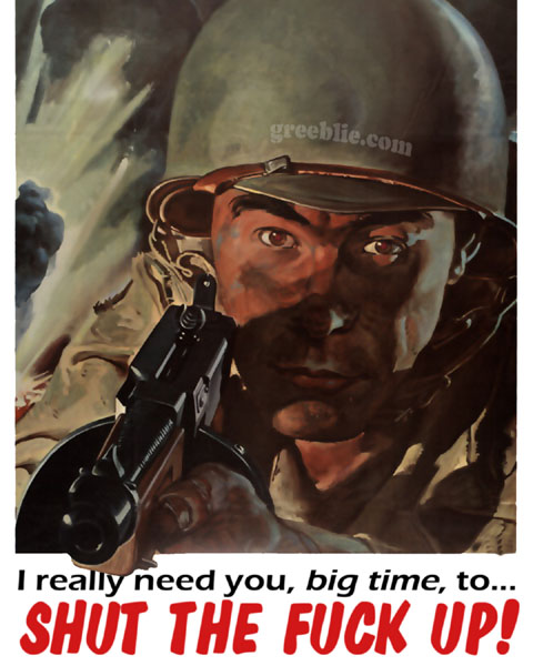 the  propaganda poster shows a soldier holding a gun