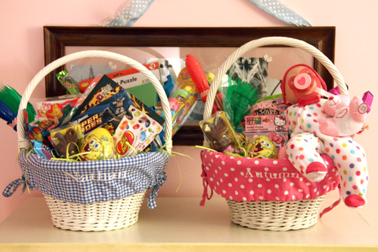 two baskets with different items sitting on the counter