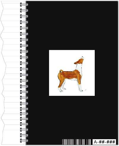 a notebook with a brown and white dog on it