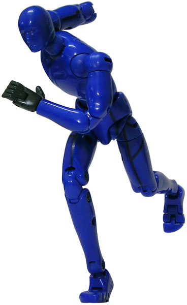 a blue robot on its hind legs, reaching for the side