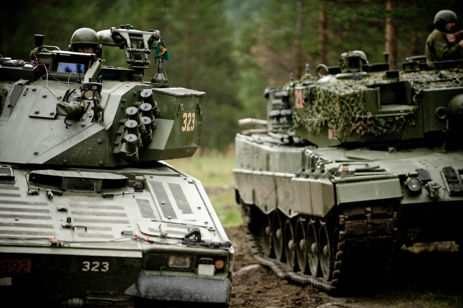 two military tanks parked in a wooded area
