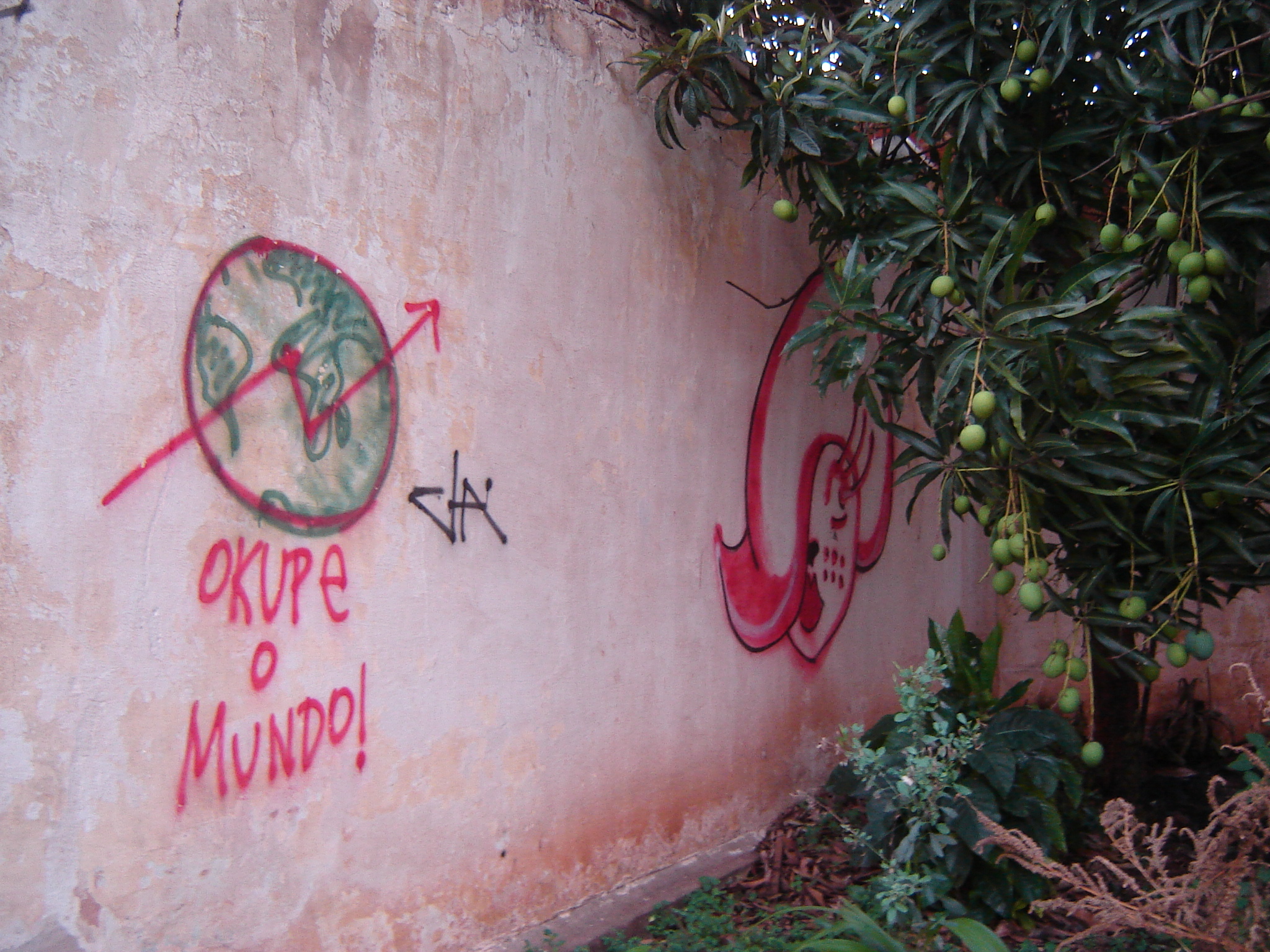graffiti on a wall and some trees
