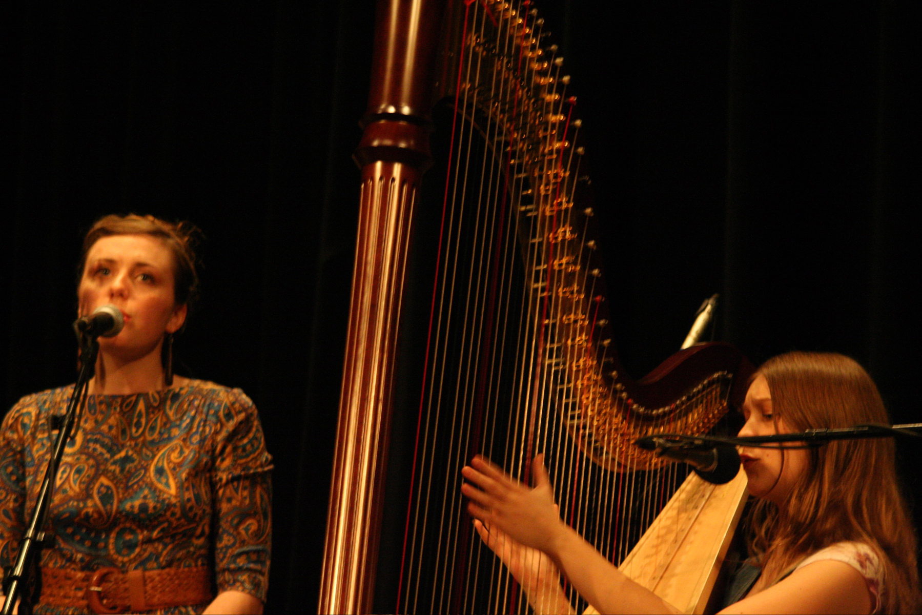 two women with microphones singing and playing a harp