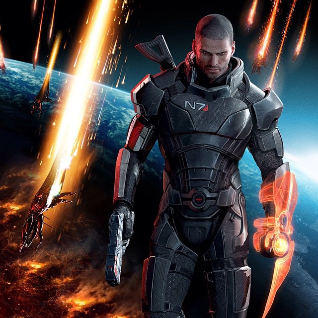 a character standing in space holding a knife with some fire coming out
