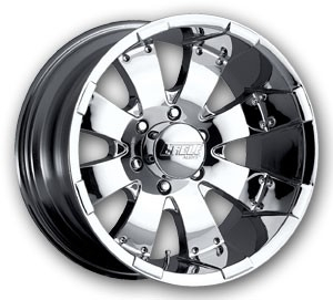 an image of chrome wheel with black and white spokes