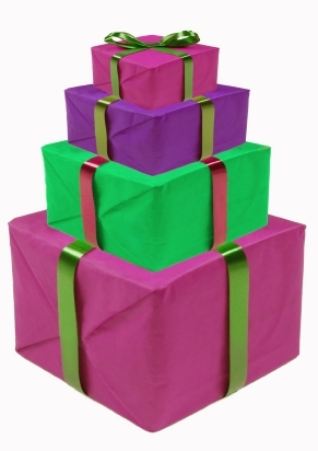 stacked presents with ribbons and bows on each