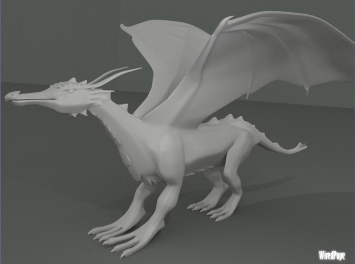 a white model of a dragon with wings extended