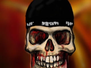 a painting of a skull wearing a cap