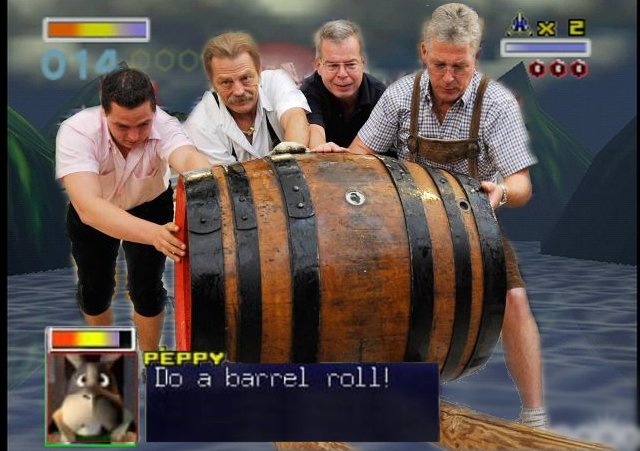 three men standing on wooden barrels in an animated video game