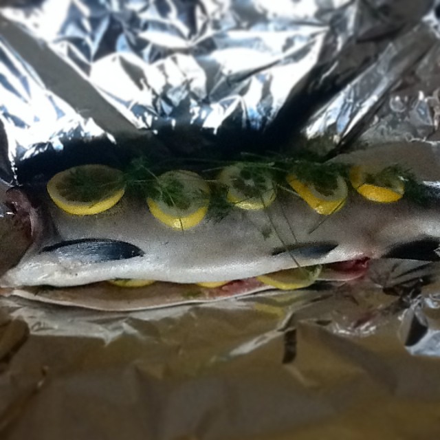 fish with lemon slices wrapped in aluminum foil