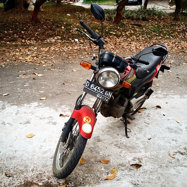 a motorcycle parked in the road next to trees
