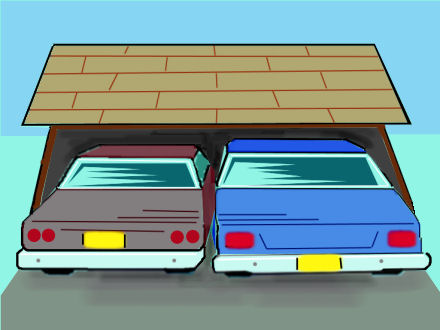 a couple of cars parked inside of a covered garage