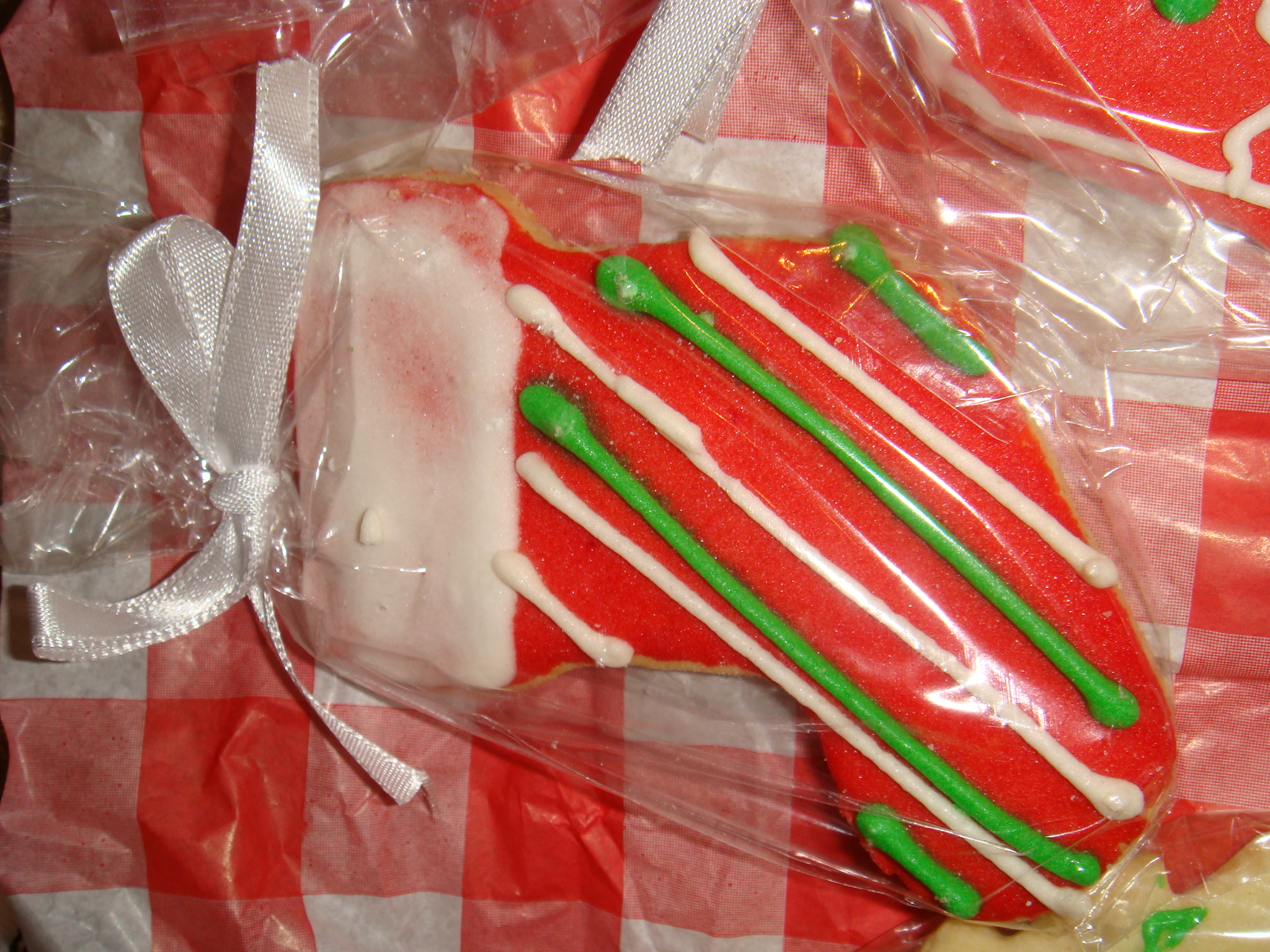 closeup of a decorated cookie in plastic wrapper