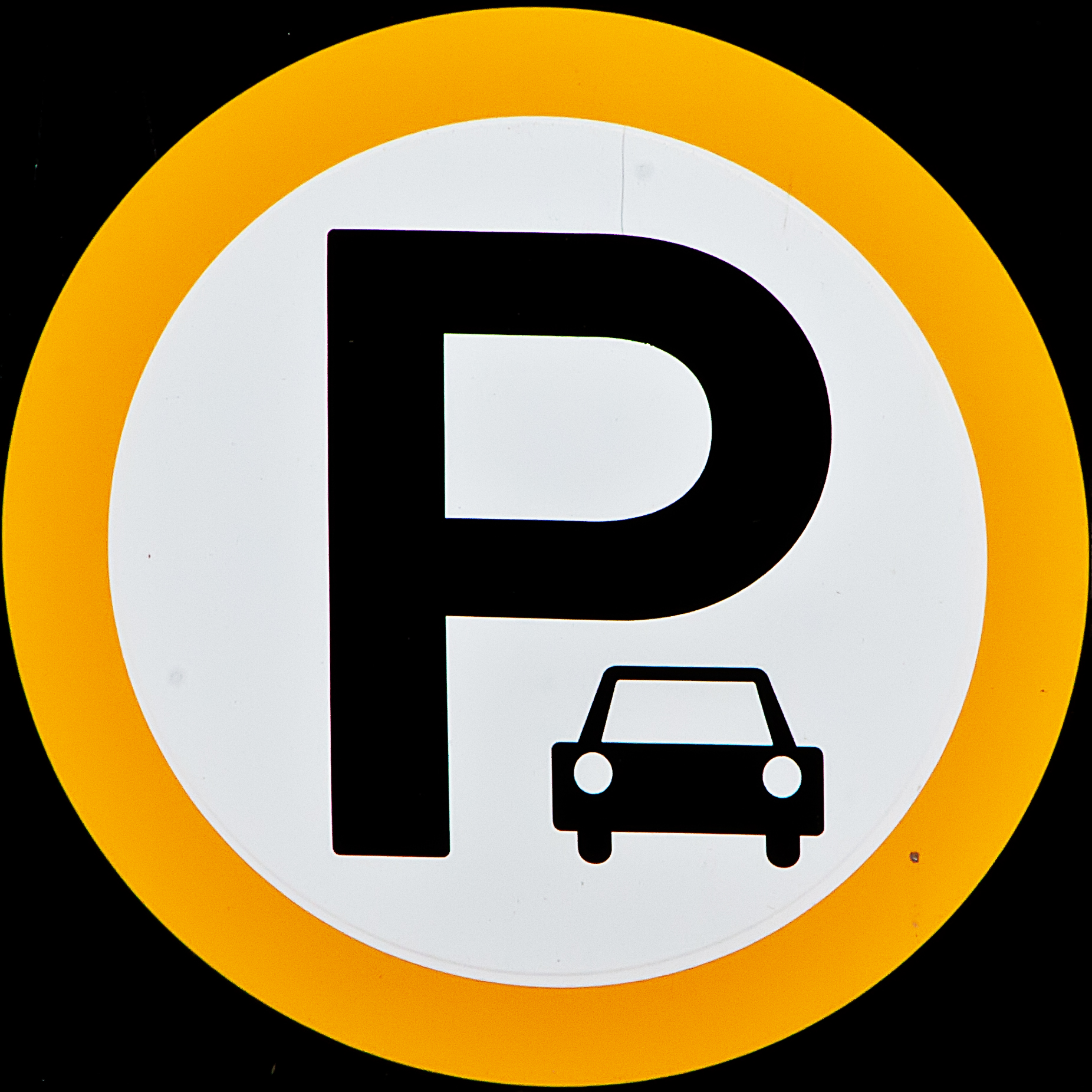 a yellow and white parking sign with a car