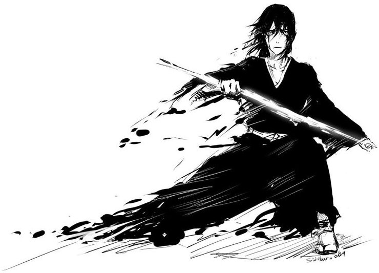 the black and white drawing of a male character with a sword