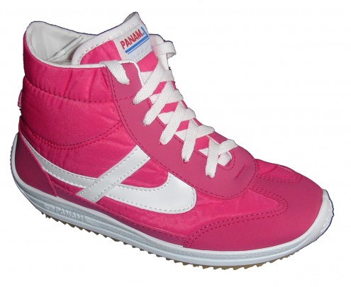 a pink high top sneaker with white laces