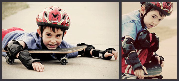 two pictures show a boy laying on the ground and wearing helmet