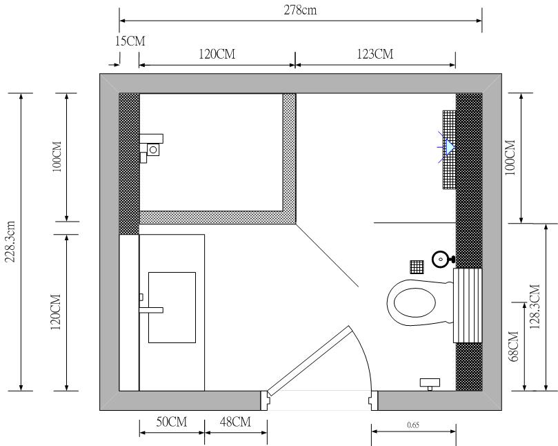 a bathroom layout is shown with a toilet and sink