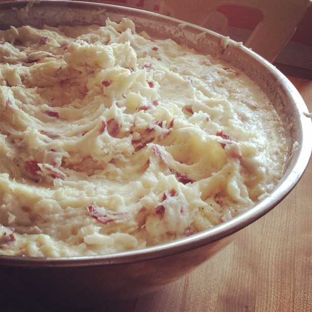 close up view of a pot filled with mashed potatoes
