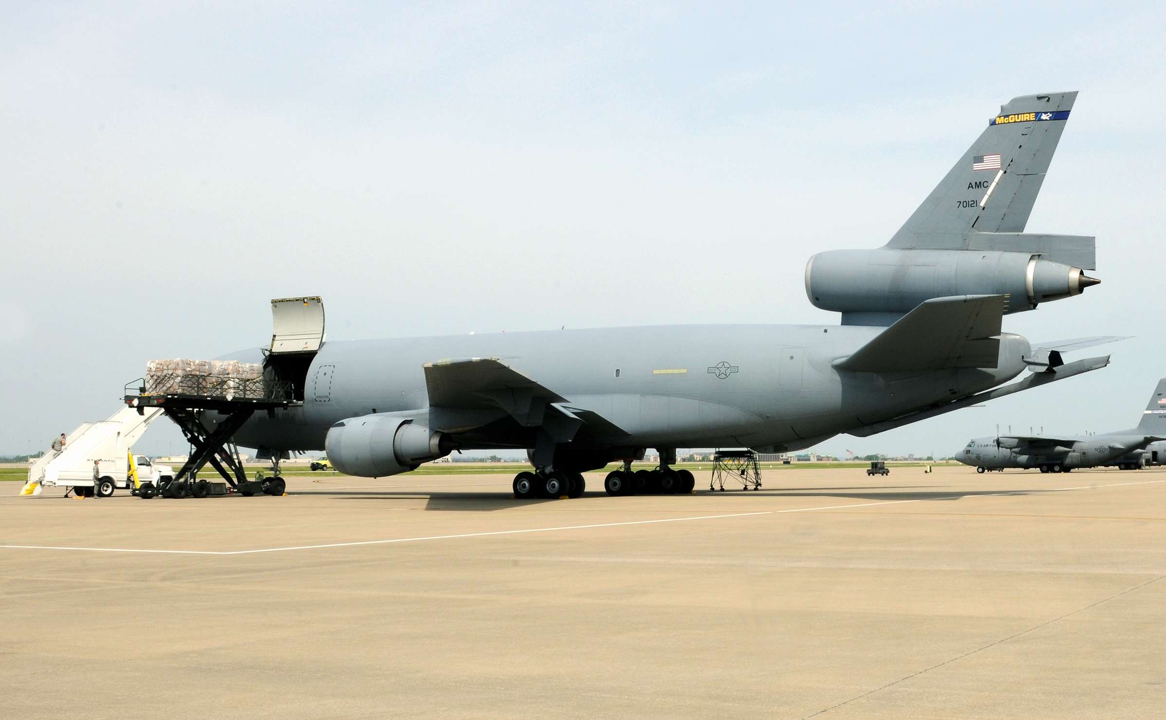 the big airplane is parked at the airport