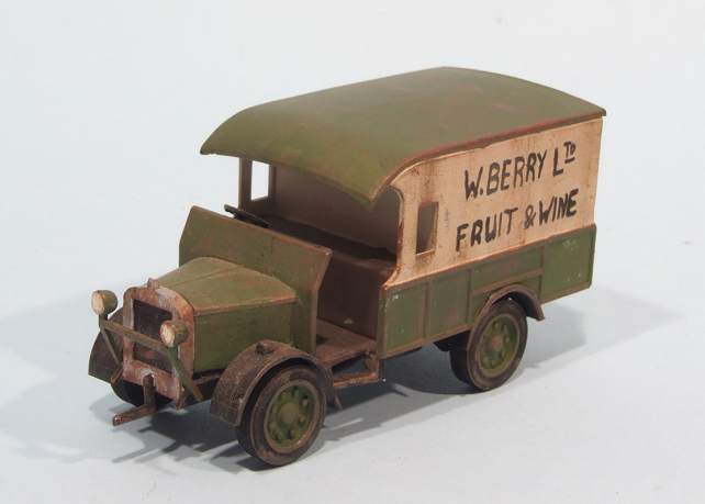a toy truck is seen with an advertit in the back