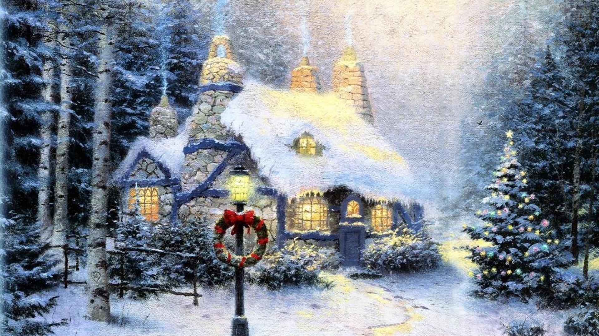 a christmas scene with a house in the snow