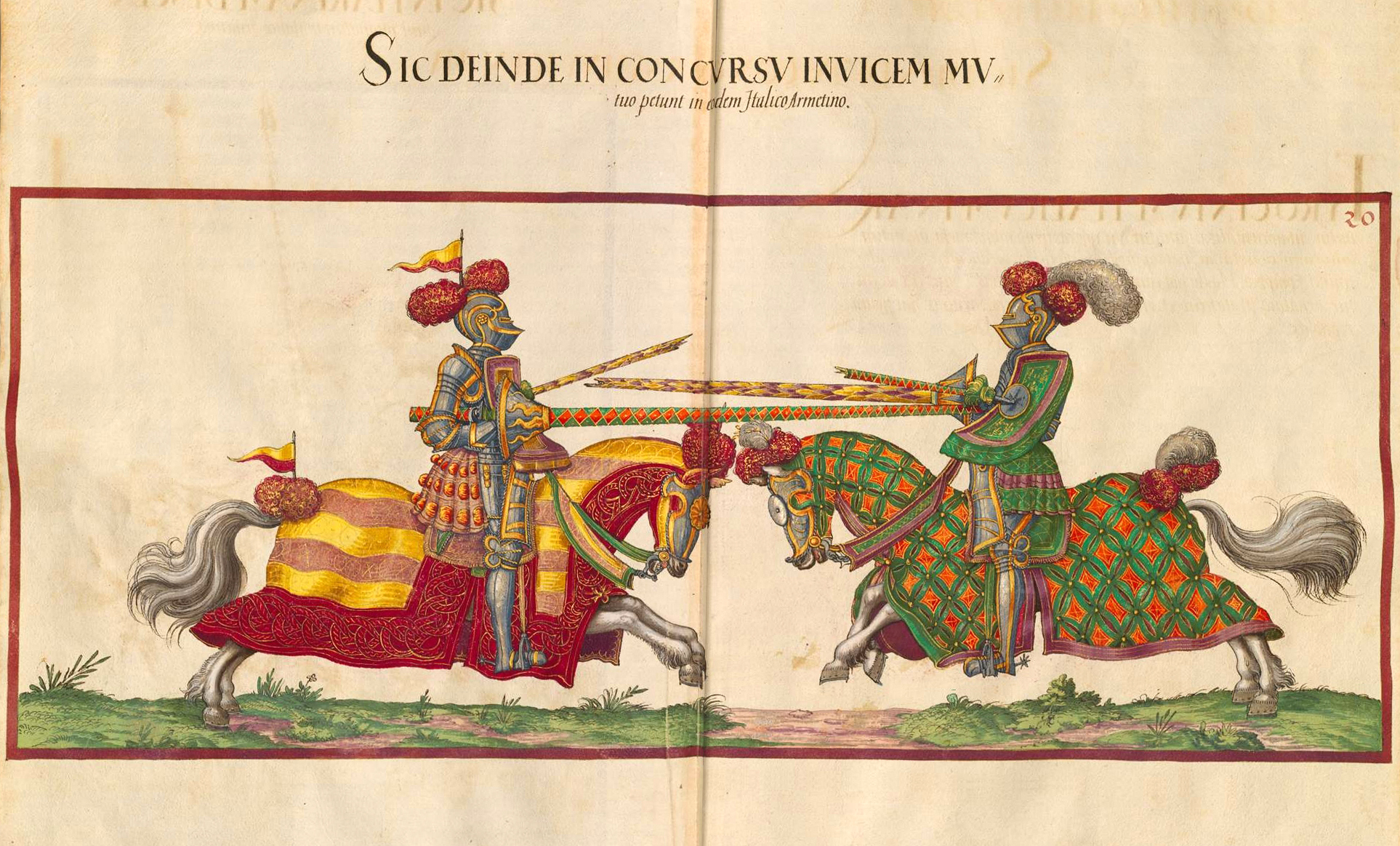 two men on horseback playing with a sword